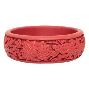 Carved Red Cinnabar Dragon Lotus Flower Bangle Bracelet 7.5in Asian